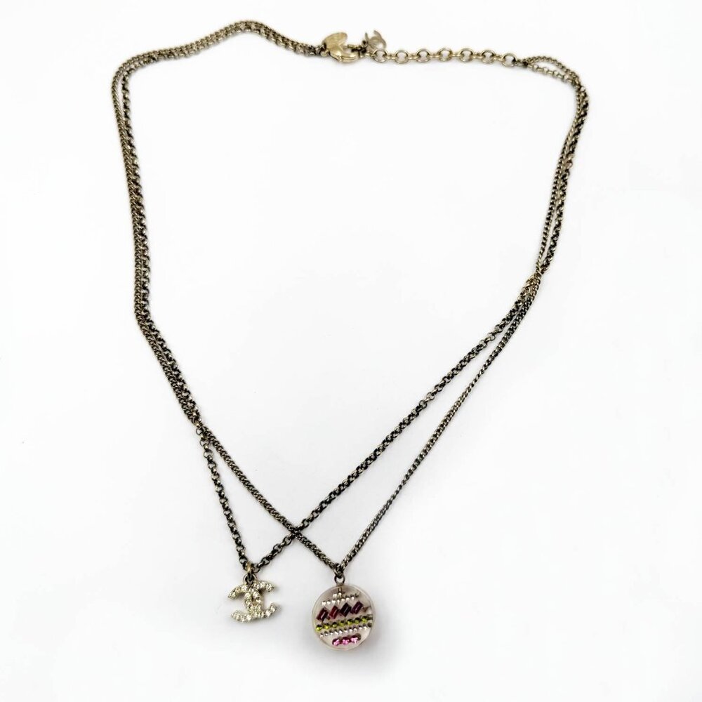 Chanel Gold CC Clear Round Resin Crystal Double Chain Necklace